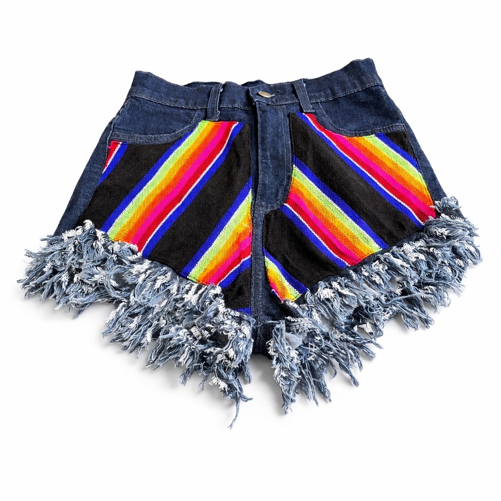 GJG Denim Rainbow Patchwork Fringe Shorts Size M Boho Festival High Rise